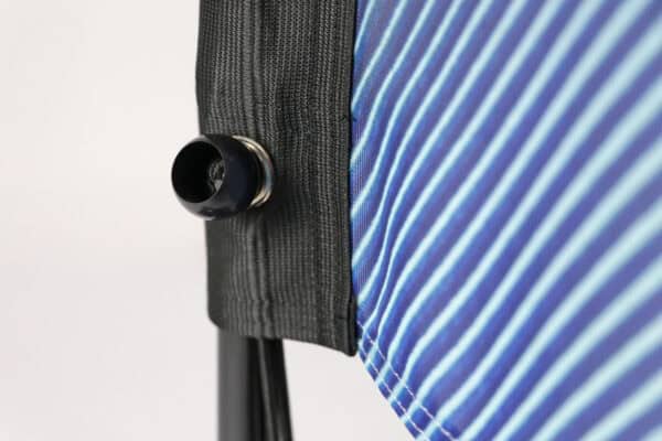 Close-up of a feather flag with a black pole and fabric.