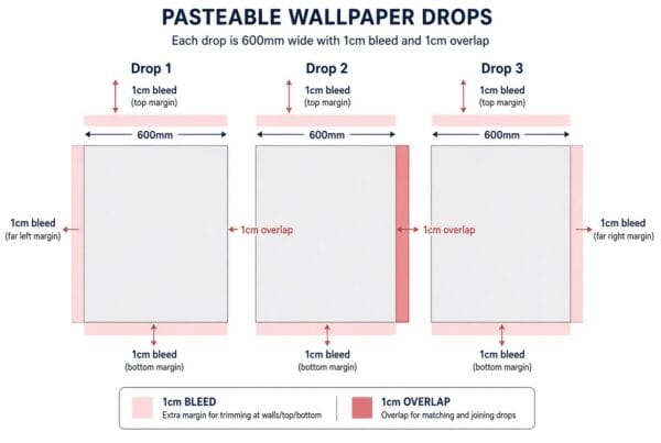 Diagram showing pasteable wallpaper drops with 1cm bleed and overlap for seamless installation.