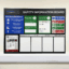 Site safety information board with first aid, emergency, and fire instructions.