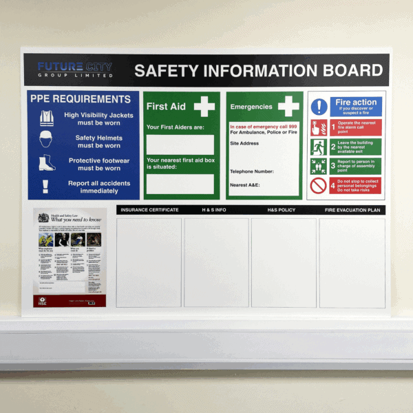 Site safety information board with PPE, first aid, emergencies, and fire safety details.