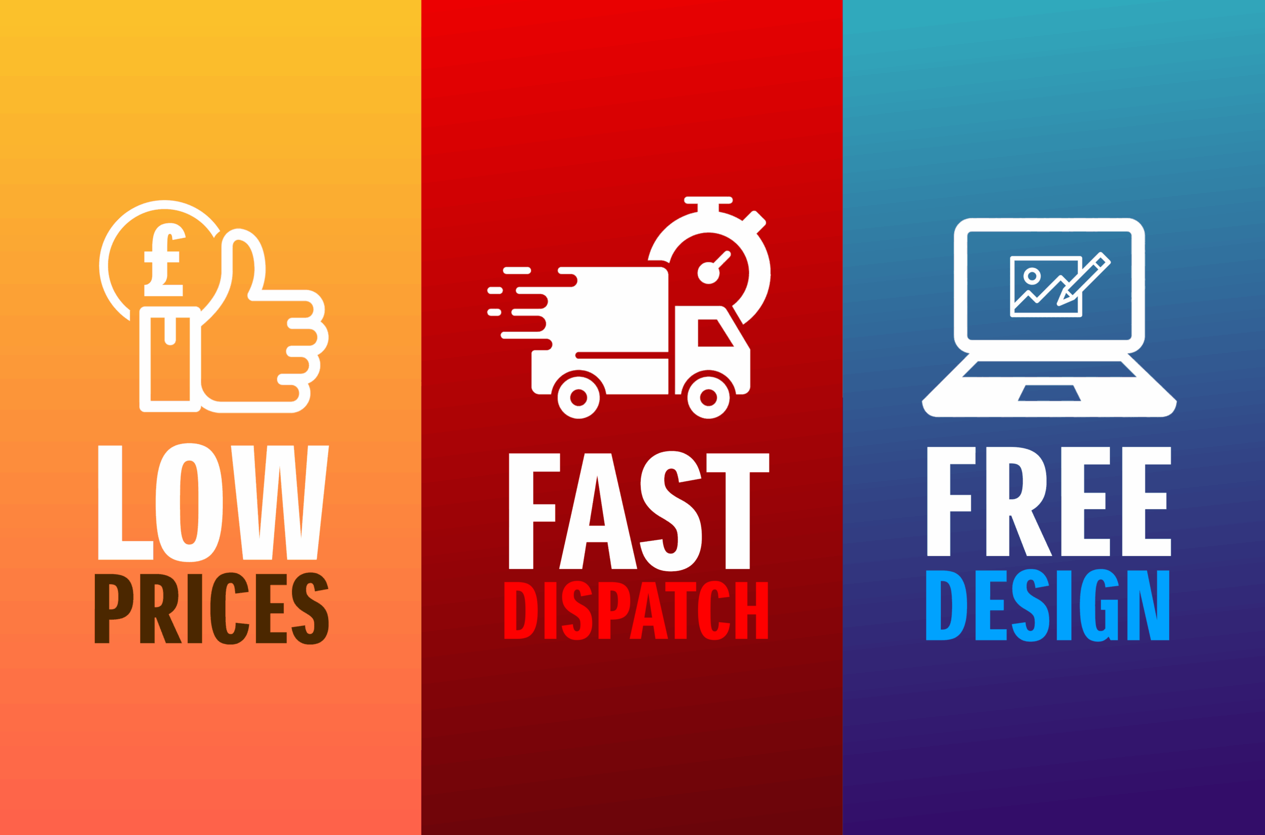 Big Value Banners Promotional Graphic Vibrant banner showcasing low prices, fast dispatch, and free design services.