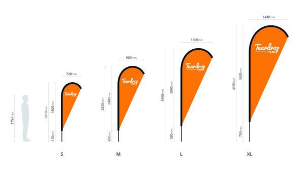 Size comparison of Teardrop Flags from S to XL with dimensions.
