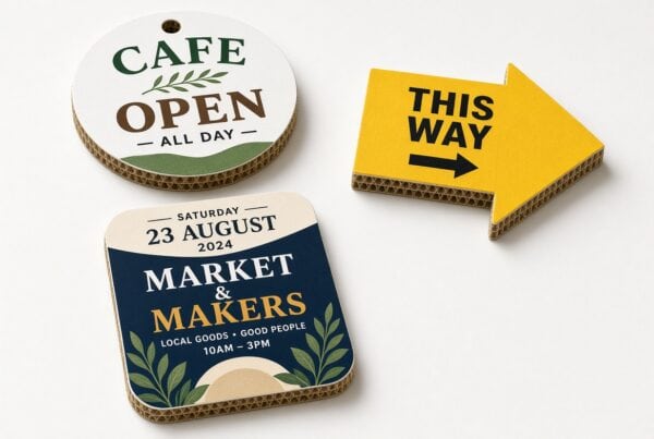 Custom cardboard signs for cafe, market, and directional guidance.