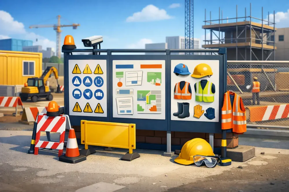 Construction safety gear and signage at UK worksite for safety compliance.