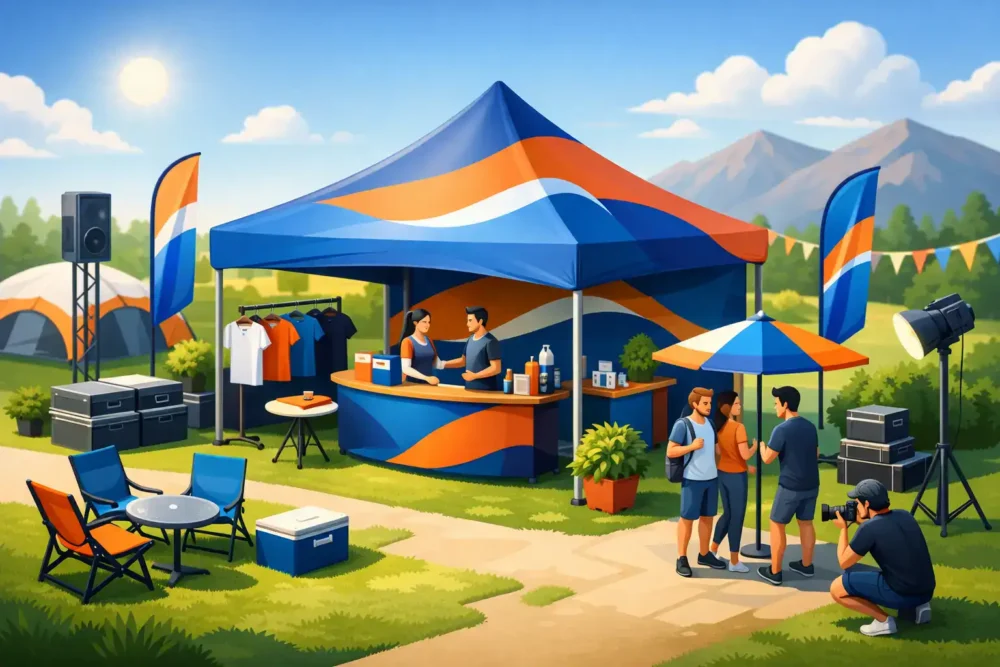 Brand event gazebo with branding, outdoor setting, and promotional setup.