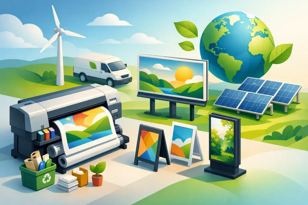 Eco-friendly printing with solar panels, wind turbines, and recycled materials.