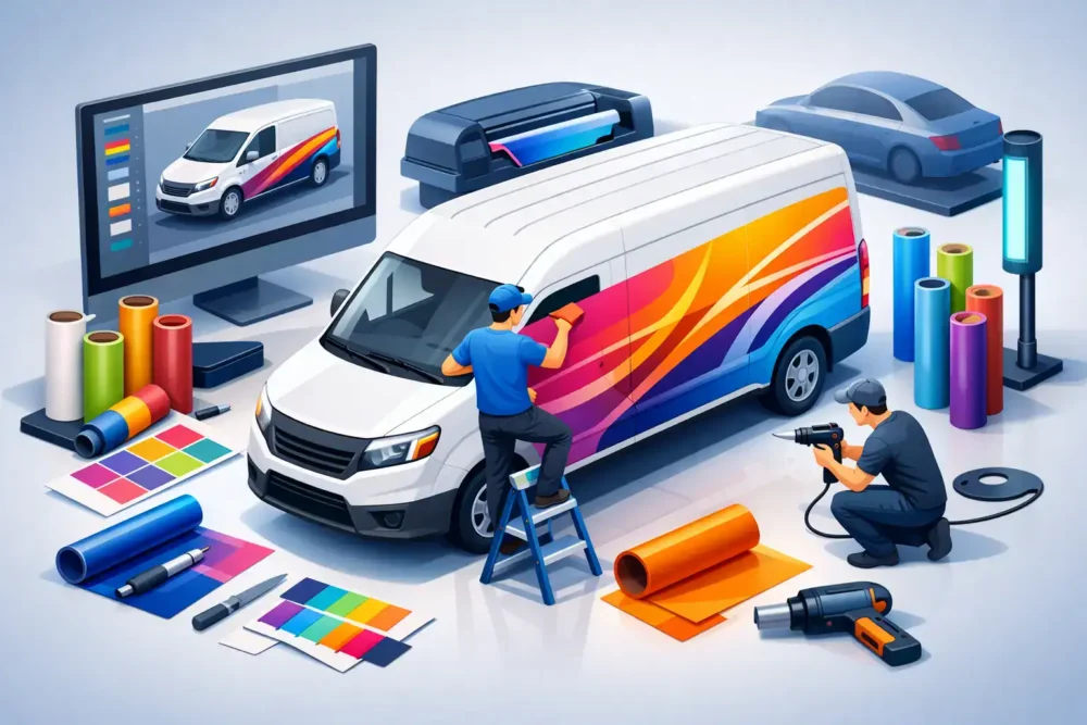 Vehicle wrapping and graphic design process with tools and computer.
