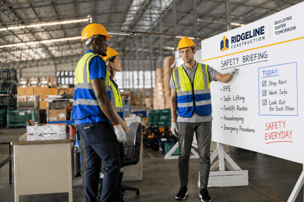 Construction workers in safety gear during safety briefing at Big Value Banners.