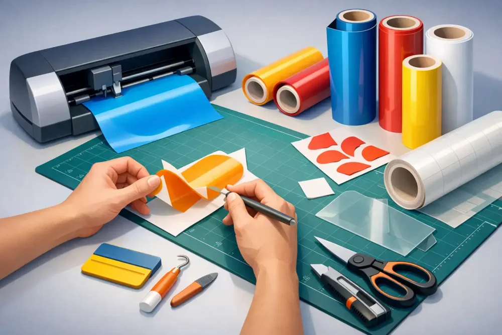 Vinyl cutting machine with rolls of coloured vinyl for sign making.