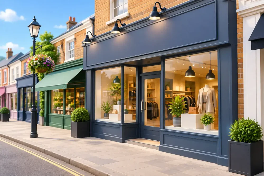 Modern shopfront signage with large glass windows and black framing in UK high street.