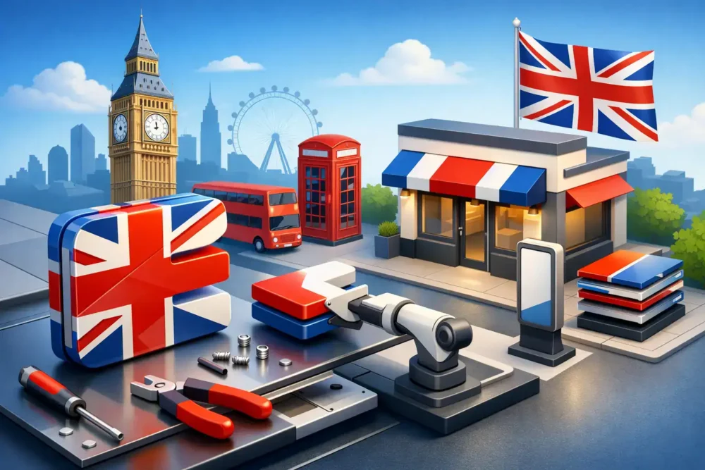 UK-themed signage and branding elements for British businesses.