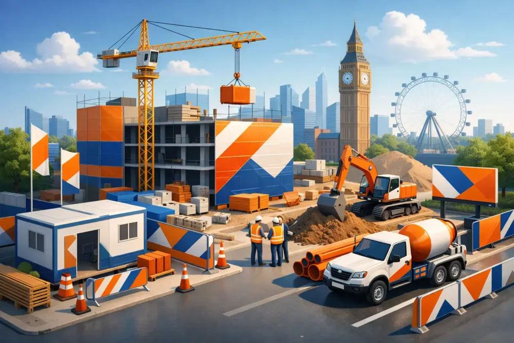 Construction site with branding banners and equipment in London.