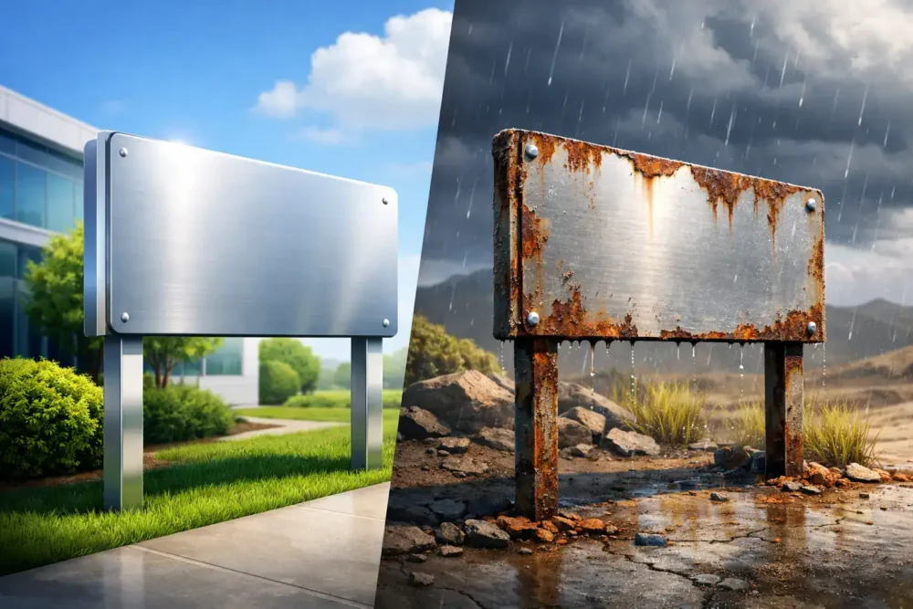 Comparison of new and rusted aluminium signs outdoors.