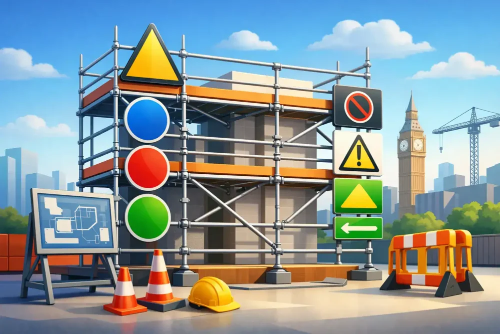 Scaffolding with safety and directional signs on a UK construction site.