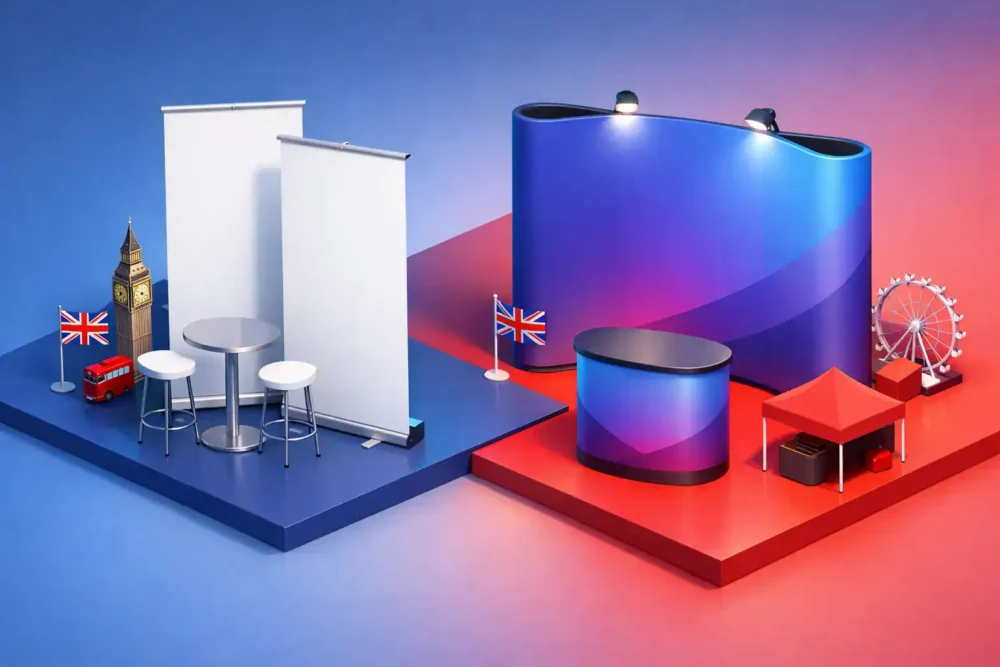 Comparison of roller banners and fabric displays for UK events.
