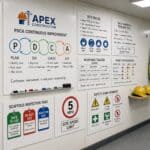 Construction site dry wipe boards with safety and site rules.