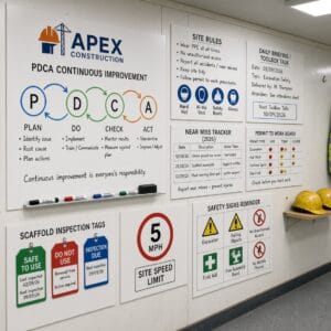 Construction site dry wipe boards with safety and site rules.