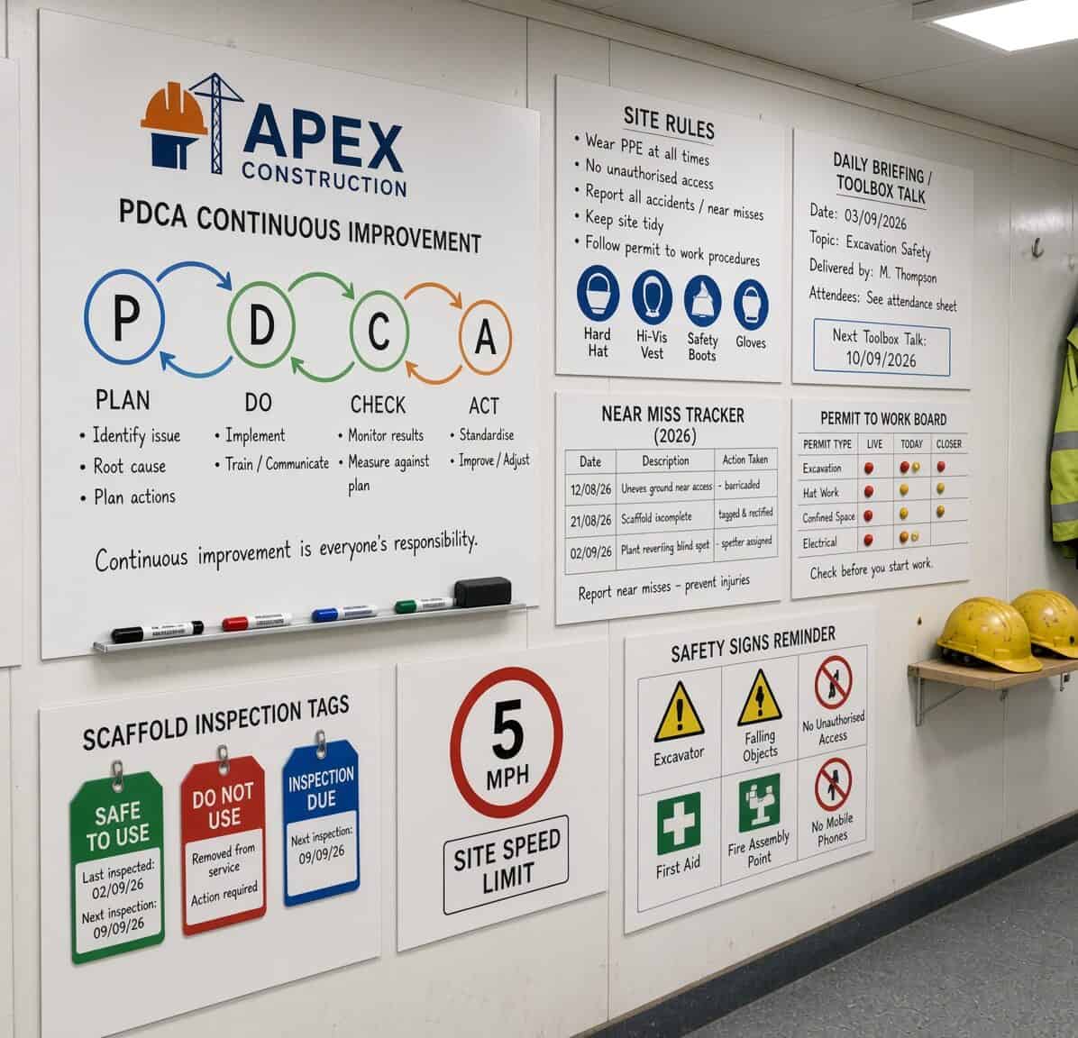 Dry Wipe Boards for Construction Site Construction site dry wipe boards with safety and site rules.